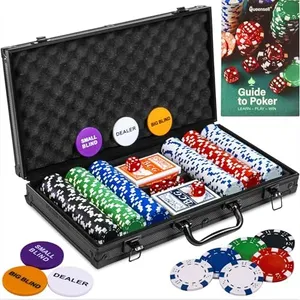 Poker Set with 300 Poker Chips 11.5 Gram for Texas Holdem – Professional Weight Poker Chips Set with 2 Decks Cards, Big Small Dealer Buttons, and Dices – Premium Poker in Aluminum Case