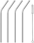 (Wide Bent) - Stainless Steel Smoothie Straws, 9" X 8 mm Wide Reusable Bent Metal Straws, Set of 4 with Cleaning Brush