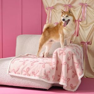Lesure Waterproof Puppy Blanket for Large Dogs - Washable Double Sided Dog Blankets with Warm Jacquard Shag and Soft Sherpa Fleece, Pet Cat Blanket for Couch Protection, Bow Design，Pink Taffy