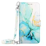 Compatible with iPhone 13 Mini Case Leather Marble Leather Wallet Flip Cases Cover with Credit Card Holder for Women Green with Long Crossbody Lanyard and Wrist Strap