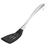 Baskety Heat Resistant Silicone Spatula Slotted Turner Non-Stick Wok Turner in Hygienic Solid Coating Cookware Kitchen Tools with Steel Handle (Black)