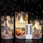 Eldnacele Glass Flickering Flameless Santa Claus Candles with Remote Timer Battery Operated Led Pillar Candles 3 Pack, Santa Sleigh Pattern Real Wax Candles for Christmas Home Decoration