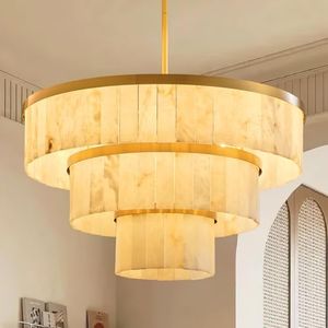 CEENWE D34.3 Round Alabaster Chandelier, 3-Tier Brass Marble High Ceiling Chandeliers, Modern Dining Room Chandeliers Living Room Light for Entryways, Foyer, Stair, Kitchen Gold(Include Bulbs)