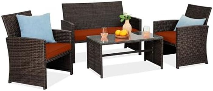 Best Choice Products 4-Piece Outdoor Wicker Patio Conversation Furniture Set for Backyard w/Coffee Table, Seat Cushions - Brown/Dark Rust