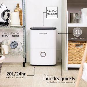 Russell Hobbs 20L Dehumidifier – White, Portable Moisture Removal