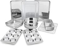 Bakeware Sets of 11, P&P CHEF Stainless Steel Baking Pans Set, Includes Baking Sheets and Rack, Lasagna Pan with Lid, Round/Square Cake Pan, Muffin Pans, Loaf Pan, Reusable & Durable