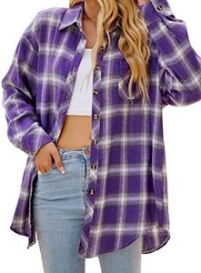 CHYRII Womens Button Down Flannel Shirts Long Sleeve Plaid Shackets Business Casual Blouse Top, Purple, X-Large
