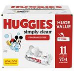 Baby Wipes, Huggies Simply Clean, UNSCENTED, Hypoallergenic, 11 Flip Top Packs, 704 count (Packaging may vary)