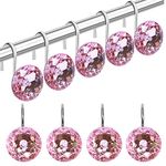 TOAOB 12pcs Pink Rhinestone Decorative Shower Curtain Hooks Rings Rust Proof Stainless Steel Rod Hangers Acrylic Crystal Decorative Shower Curtain Hooks for Bathroom