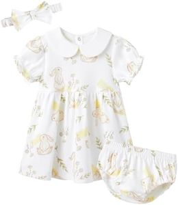 pureborn Baby Girls Dress with Bloomer Peter-pan Collar Short Sleeve Cotton Easter Dresses Playwear Dress with Headband Field Rabbit 6-9 Months