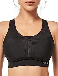 Yvette Women Zip Front Black Sports Bra with Racerback and Mesh Detailing-High Impact Workout Bra, Half Open Black, M(AC)