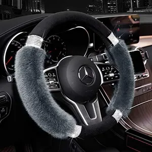 Achiou Rhinestone Fluffy Steering Wheel Cover - Comfortable Non-Slip Luxury Faux Wool, Universal Fit for 14.5" to 15" Steering Wheels