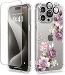 GVIEWIN for iPhone 15 Pro Case Floral, with Screen Protector+Camera Lens Protector, [Not Yellowing]Slim Shockproof Clear Protective Phone Cover for Women, Flower Pattern Design(Cherry Blossoms/Purple)