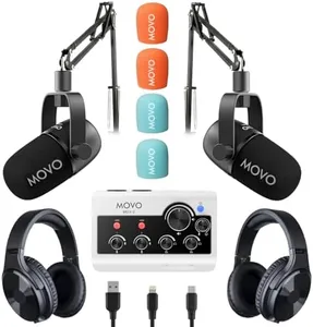 Movo Portable Podcast Equipment Bundle for iPhone/Android Phones- Podcast Kit with Audio Interface, 2 CastMic Dynamic Mics, 2 Headphones, 2 Boom Arms - for Smartphones, Computers, PC and Mac