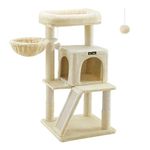 Feandrea Cat Tree, Small Cat Tower with Widened Perch for Large Cats Indoor, Kittens, 37.8-Inch Multi-Level Cat Condo, Scratching Posts and Ramp, 2-Door Cat Cave, Cat Basket, Beige UPCT51M