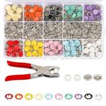 OZKET 200pc button pressure tool(100 pcs Silver Button + 100 pcs Color Ring) Metal Copper Five Buckle Set with Hand Pressure Pliers Buttons Set for Clothing Sewing and Crafting button set 9.5mm