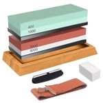 Knife Sharpening Stone Kit, Professional Whetstone Grit 400/1000 3000/8000 Knife Sharpener Stone with Non-Slip Bamboo Base, Flattening Stone, Angle Guide, Leather Strop and 2 Non-Slip Silicone Bases