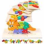 RONSTONE Dinosaur Puzzles Toys for Kids 3 Year Olds: 6Pcs Montessori Toys for Boys and Girls 3+ Year Olds, Toddler Jigsaw Wooden Puzzles 3 4 Years with Drawstring Bag