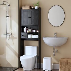 Nivisre Over the Toilet Storage Cabinet,Tall Slim Bathroom Organizer with Doors, Adjustable Shelves & Built-in Toilet Paper Holder, Space-Saving Above Toilet Cabinet for Small Bathrooms(Black)