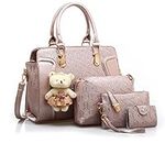 MORGLOVE Fashion Women PU Leather Handbag Top Handle bag Messenger Bag Shoulder Bag Tote Bag Card Purse in Gold （4 Pcs Set）