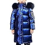 Runstarshow Girls Winter Coat Kids Padded Jacket Boys Waterproof Coats Girls Hooded Parka Fluffy Faux Fur Collar Shiny Long School Coats Ski Jackets Body Warmer Warm Outerwear Winter Wear 5-14 Years