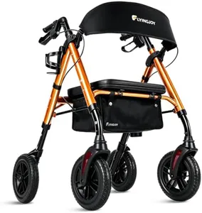 FlyingJoy Rollator Walker with Seat and Brakes, 300 lbs Adults Bariatric Walker for Seniors with Extra Wide Backrest, Lightweight Folding Adjustable Height, All Terrain Rolling Walker 8 Inch 4 Wheels