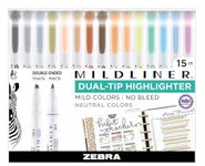 Zebra Pen Mildliner Double-Ended Highlighter Set, Broad and Fine Point Tips, Ideal for Bible Highlighting, No Bleed, Assorted Neutral Vintage Ink Colors, 15-Pack (78315)