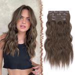 FESHFEN Clip in Hair Extensions 4PCs Long Wavy Thick Hair Piece Highlighted Full Head Synthetic Natural Curly Chestnut Brown Extension for Women, 16 Inch