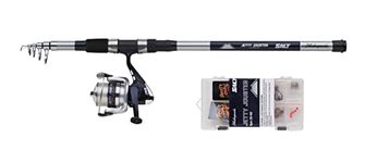 Shakespeare SALT Jetty Jouster Combo Set, Fishing Rod and Reel Combo, Spinning Combo Includes Hard Case Tackle Box, Lures and End Tackle, Sea - Inshore/Nearshore Fishing, Blue & White, 2.40m | 20-60g