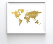 World Map II Gold Foil Art Print Map of the World Gold Foil Print (08" x 10" UNFRAMED)