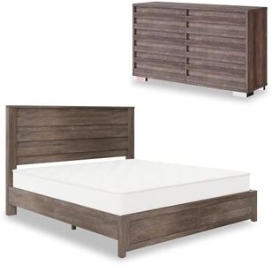 AMERLIFE 2-Piece Farmhouse Bedroom Set, King Size Bed Frame and 6 Drawer Dresser, Platform Bed with 49" Fluted Headboard, 54" Wide Wood Chest of Drawer for Bedroom, Grey