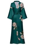 EORUBE Long Kimono Robe Women Cover Up Print Floral Satin Sleepwear Silky Bathrobe Bachelorette Robe (Dark Green - Breeze at Dusk)