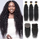 Human Hair Deep Wave Bundles with Lace Closure (26 28 30+22 Closure) 3 Curly Bundles and Closure Free Part 100% Unprocessed Remy Hair 4x4 Lace Closure with Baby Hair Natural Color Pre Plucked