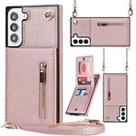 Jaorty Samsung Galaxy S21 FE 5G Cases with Card Holder for Women,Crossbody Phone Case for Samsung S21 FE with Strap,Leather PU Lanyard Magnetic Clasp Zipper Wallet Case with Kickstand,6.4" Rosegold