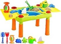 deAO Sand and Water Outdoor Activities Play Table for Kids with Double Compartment, Lids and Over 10 Accessories, Multicolour, 100 x 48 x 46 Centimeters