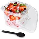 BELLE VOUS 50 Pack of Clear Plastic Dessert Cups and Sporks - 400ml/13.5oz Reusable Square Cups & Lids - Appetiser Serving Bowls for Parfait, Mousse, Weddings, Birthday Parties, Fruit and Pudding