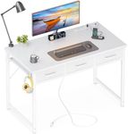 AODK 40 Inch Small Computer Desk with 3 Fabric Drawers, Office Desk with USB/Type-C Charging Ports & Power Outlets, Vanity Desk with Iron Hook for Bedroom, Study/Writing/Work Table for Bedroom, White