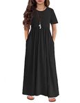 Arshiner Girl's Long Dress Short Sleeve Summer Casual Holiday Maxi Dress with Pockets (6-7 Years/Black)