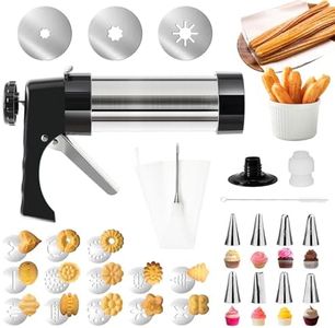3-in-1 Churro Maker & Spritz Cookie Press Gun Kit, Stainless Steel Baking Tool with 16 Discs, 8 Icing Nozzles, Piping Bag & Cleaning Brush, Easy Press Handle for Homemade Cookies and Churros