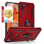 TJS Compatible with Samsung Galaxy A11 Tough Mobile Phone Case, with [Tempered Glass Screen Protector][Metal Ring][Magnetic Support] Defender Kickstand Heavy Duty Drop Protector Cover (Red)