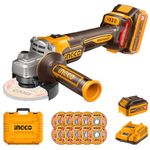 INGCO 20V Brushless Angle Grinder 115mm Cordless Angle Grinder Tools 9000RPM with 1Pcs 4.0Ah Battery and Charger, 10Pcs Cutting Discs for Cutting, Polishing and Sharpening CAGLI211541