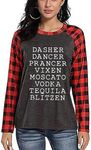 Women Reindeer Alcohol Christmas T-Shirt Dasher Dancer Prancer Vixen Moscato Vodka Tequila Blitzen Raglan Graphic Tees (Plaid, Small)