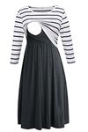 Smallshow Nursing Dresses 3/4 Sleeve Maternity Breastfeeding Dress for Women White Stripe-Deep Grey M