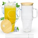 FECBK 40 oz Glass Tumbler with Handle 2 Pack Glass Tumbler with Straw and Lid Clear Glass Water Cup Reusable Iced Coffee Cup, Fits Car Cup Holder, BPA Free, for Boba Tea, Juice, Smoothie, Beer