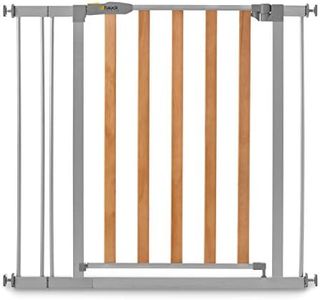 hauck Treppenschutzgitter / Türschutzgitter mit Holzoptik Woodlock 2 mit 9 cm Verlängerung für Breiten 84 - 89 cm, ohne Bohren, 0-24 Monate, Einhändiges Öffnen, Beidseitig Schwenkbar, Metall (Silver)