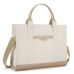 Missnine Tote Bag Canvas Laptop Bag 15.6 inch Briefcase for Women Large Capacity Handbag for Office, School, Travel, Classic Light Khaki, One Size, Leather Trim