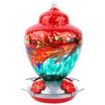 REZIPO Hummingbird Feeder with Perch - Hand Blown Glass - 38 Fluid Ounces Hummingbird Nectar Capacity Include Hanging Wires and Moat Hook (Red-Green)