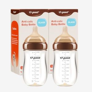 Thyseed Anti-Colic Glass Baby Bottle for Breastfed Infants, Natural Feeding, Breast-Like Newborn Medium Fast Flow Nipple (3m+), 8 oz, 2 Pack