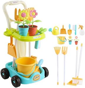 deAO- Juego de 26 Herramientas de jardinería Carrito con rastrillo, Pala, regadera, Cubo y Accesorios de jardín incluidos, Divertido Juguete Educativo para niños, Multicolor, Medium (FTAL-GRDN)