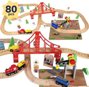 TOY Life Wooden Train Set 80pcs - Wood Train Set for Boys & Girls with Crane Wood Tracks Fits Thomas Brio Melisa Chugginton Train Track Set Wooden Railway - Toddler Boy Toy Train Set Boys Train Set 3+